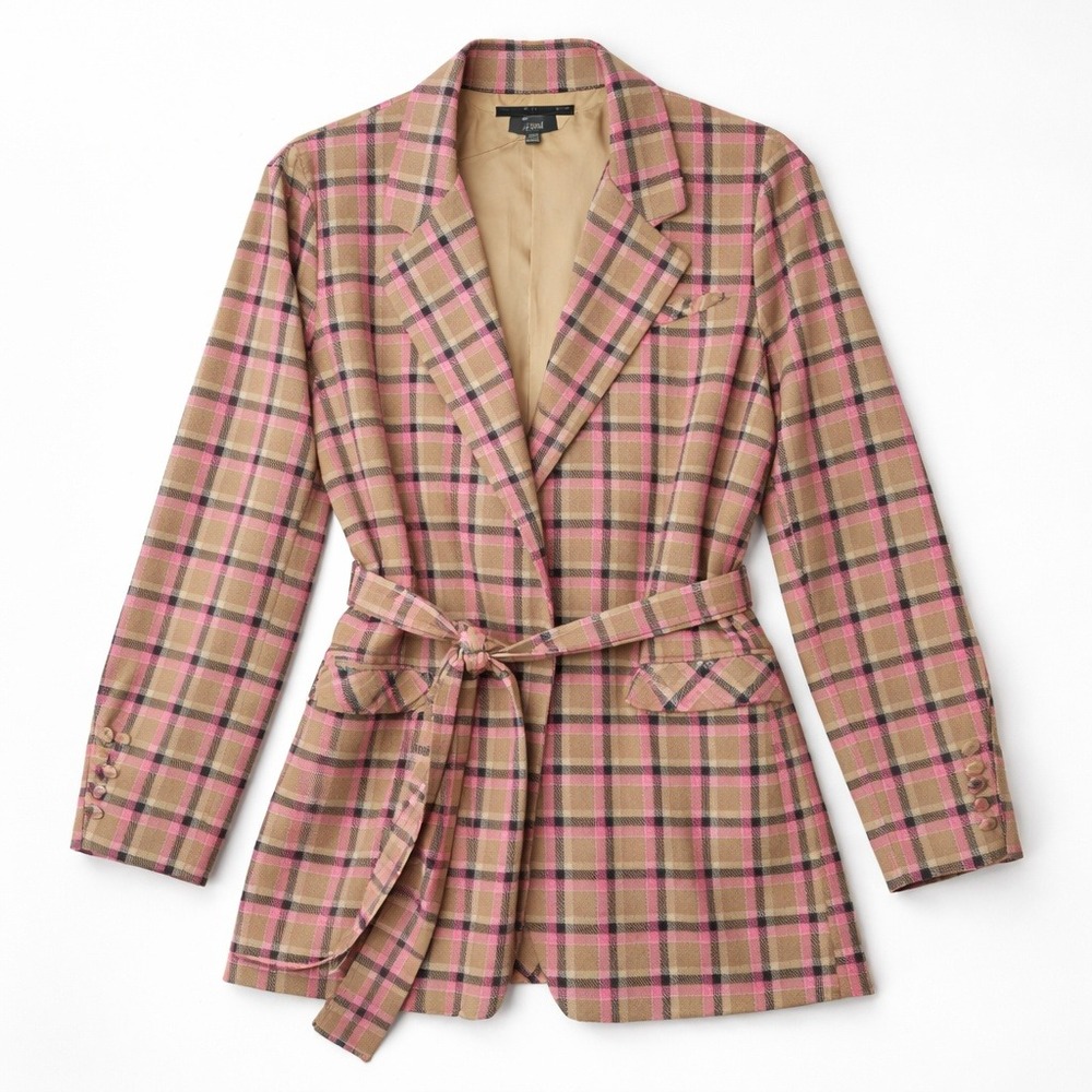 Plaid Belted Blazer Jacket Pink Tan Black Long Line Women's Sz M Clueless Trendy